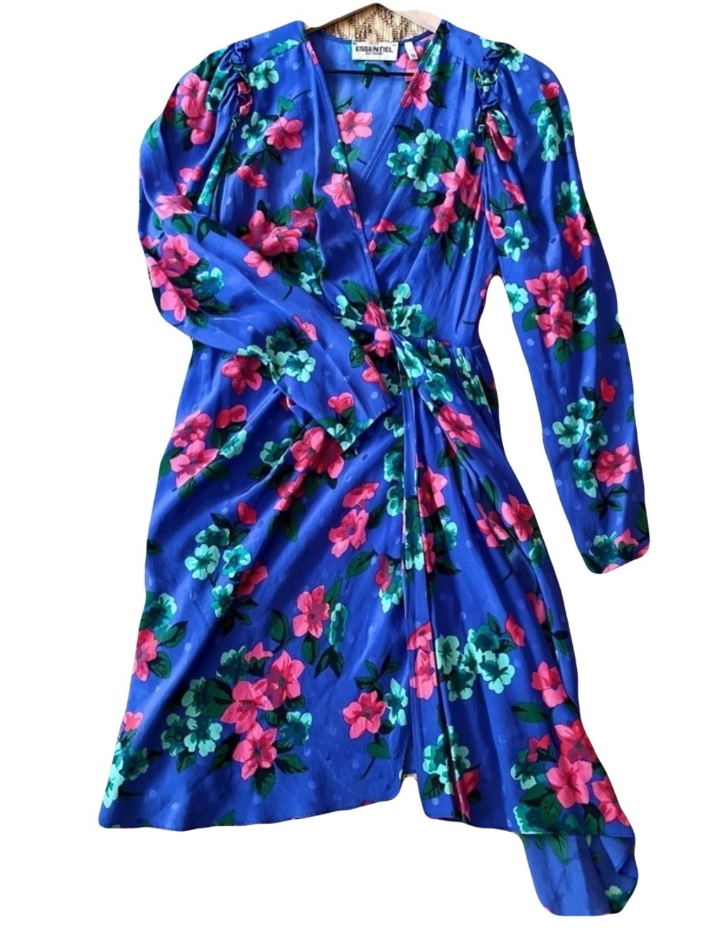 Essentiel Antwerp Dress - Women's 6 Blue - Floral V-Neck Long-Sleeved Puff
